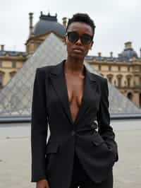 stylish and chic  woman in Paris wearing a chic black dress/suit, Louvre pyramid in the background