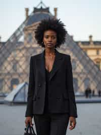 stylish and chic  woman in Paris wearing a chic black dress/suit, Louvre pyramid in the background