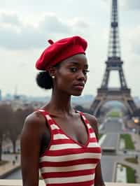 stylish and chic  woman in Paris, wearing a beret and striped top, Eiffel Tower in the background