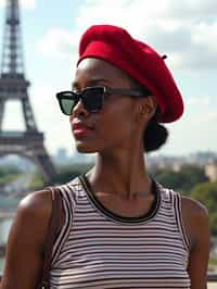 stylish and chic  woman in Paris, wearing a beret and striped top, Eiffel Tower in the background