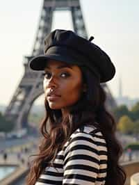 stylish and chic  woman in Paris, wearing a beret and striped top, Eiffel Tower in the background