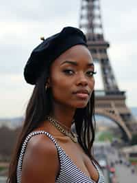 stylish and chic  woman in Paris, wearing a beret and striped top, Eiffel Tower in the background