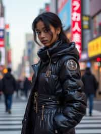 stylish and chic  woman in Tokyo wearing a futuristic outfit, Shibuya crossing in the background