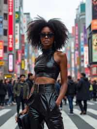 stylish and chic  woman in Tokyo wearing a futuristic outfit, Shibuya crossing in the background