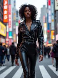 stylish and chic  woman in Tokyo wearing a futuristic outfit, Shibuya crossing in the background