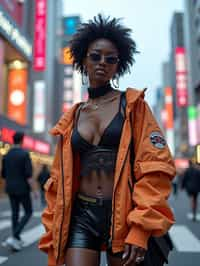 stylish and chic  woman in Tokyo wearing a futuristic outfit, Shibuya crossing in the background