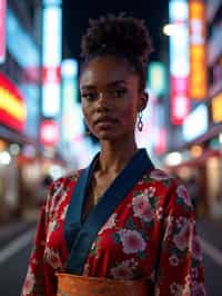 stylish and chic  woman in Tokyo wearing a modern take on a traditional kimono, neon lights of the city in the background