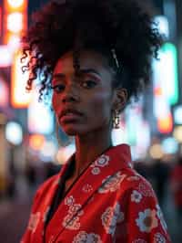 stylish and chic  woman in Tokyo wearing a modern take on a traditional kimono, neon lights of the city in the background