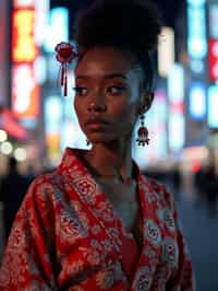 stylish and chic  woman in Tokyo wearing a modern take on a traditional kimono, neon lights of the city in the background