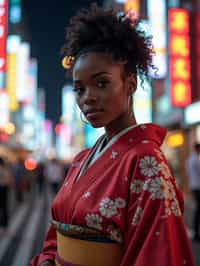 stylish and chic  woman in Tokyo wearing a modern take on a traditional kimono, neon lights of the city in the background