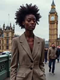 stylish and chic  woman in London wearing a checkered suit, Big Ben in the background