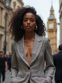 stylish and chic  woman in London wearing a checkered suit, Big Ben in the background