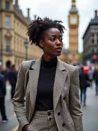 stylish and chic  woman in London wearing a checkered suit, Big Ben in the background