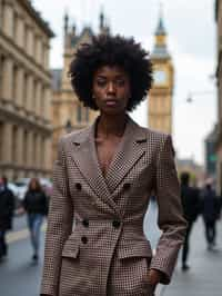 stylish and chic  woman in London wearing a checkered suit, Big Ben in the background