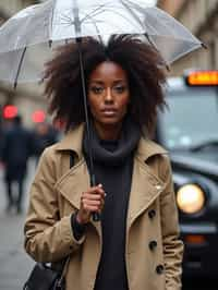 stylish and chic  woman in London sporting a trench coat and holding an umbrella, iconic London cab in the background