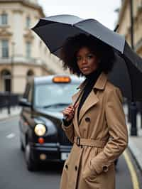 stylish and chic  woman in London sporting a trench coat and holding an umbrella, iconic London cab in the background