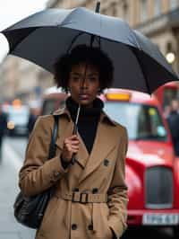 stylish and chic  woman in London sporting a trench coat and holding an umbrella, iconic London cab in the background