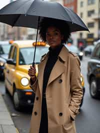 stylish and chic  woman in London sporting a trench coat and holding an umbrella, iconic London cab in the background