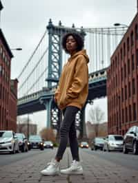 stylish and chic  woman in New York City wearing an oversized sweatshirt and high top sneakers, Brooklyn Bridge in the background