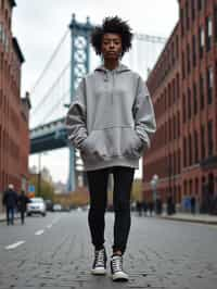 stylish and chic  woman in New York City wearing an oversized sweatshirt and high top sneakers, Brooklyn Bridge in the background