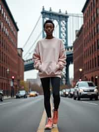 stylish and chic  woman in New York City wearing an oversized sweatshirt and high top sneakers, Brooklyn Bridge in the background