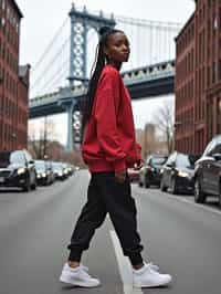 stylish and chic  woman in New York City wearing an oversized sweatshirt and high top sneakers, Brooklyn Bridge in the background