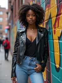 stylish and chic  woman in New York City wearing a leather jacket, jeans, and boots with urban graffiti in the background