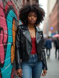 stylish and chic  woman in New York City wearing a leather jacket, jeans, and boots with urban graffiti in the background