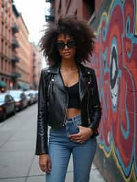 stylish and chic  woman in New York City wearing a leather jacket, jeans, and boots with urban graffiti in the background