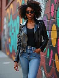 stylish and chic  woman in New York City wearing a leather jacket, jeans, and boots with urban graffiti in the background