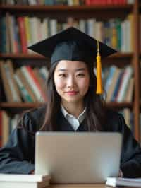 a graduate woman surrounded by books and a laptop in unversity