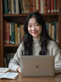 a graduate woman surrounded by books and a laptop in unversity