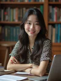 a graduate woman surrounded by books and a laptop in unversity