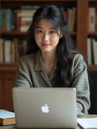 a graduate woman surrounded by books and a laptop in unversity