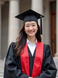 a graduate woman in their academic regalia, standing in front of their university building