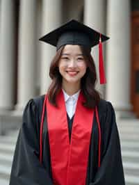 a graduate woman in their academic regalia, standing in front of their university building