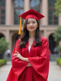 a graduate woman in their academic regalia, standing in front of their university building