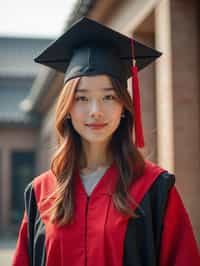 a graduate woman in their academic regalia, standing in front of their university building