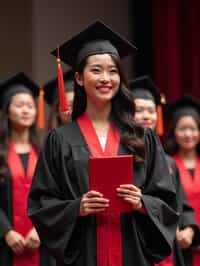 a graduate woman in their academic gown at stage to receive their diploma