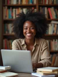 a graduate woman surrounded by books and a laptop in unversity