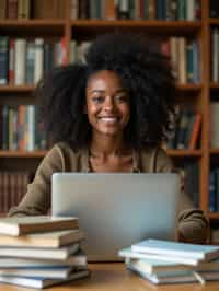 a graduate woman surrounded by books and a laptop in unversity