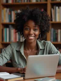 a graduate woman surrounded by books and a laptop in unversity