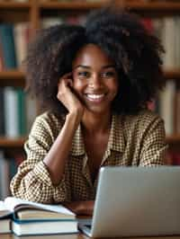 a graduate woman surrounded by books and a laptop in unversity