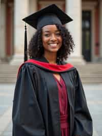 a graduate woman in their academic regalia, standing in front of their university building