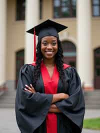 a graduate woman in their academic regalia, standing in front of their university building