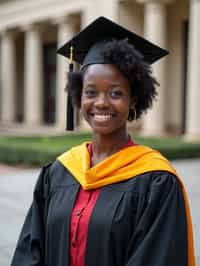 a graduate woman in their academic regalia, standing in front of their university building