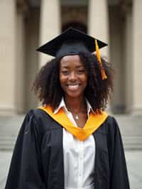 a graduate woman in their academic regalia, standing in front of their university building