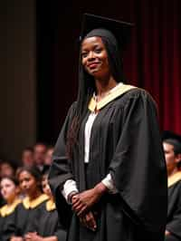 a graduate woman in their academic gown at stage to receive their diploma