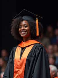 a graduate woman in their academic gown at stage to receive their diploma