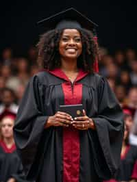 a graduate woman in their academic gown at stage to receive their diploma